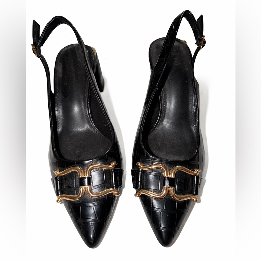 MOTF Black Faux-Croc Pointed Slingback Mules with Gold Buckle